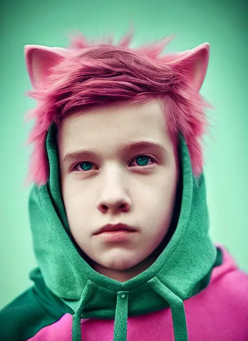 Image similar to a beautiful portrait of a cute teenage boy with pink hair and pink wolf ears and green eyes wearing a hoodie. artstation, pinterest, ambient occlusion, volumetric light, digital art, highly detailed, fine detail, complex fantasy character, rendered in octane