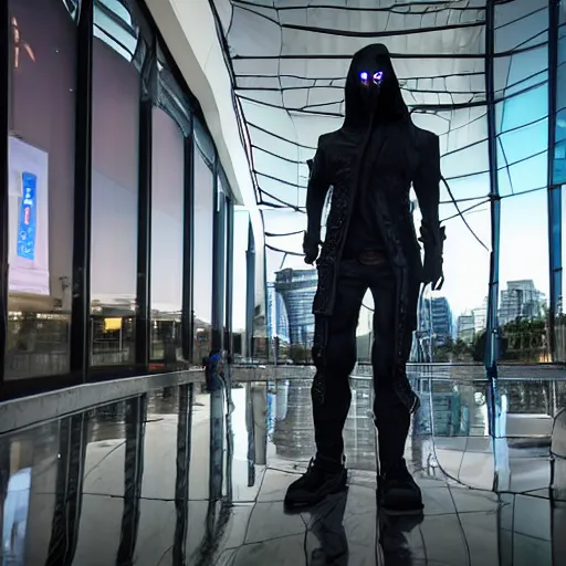 Image similar to dark wizard from mu online running through costanera center in santiago de chile, cyberpunk art