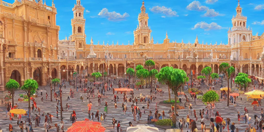 Image similar to ultra detailed and realistic painting of la plaza nueva ( seville ) inspired by very beautiful cute and colored disney movie backgrounds, rendered in 8 k unreal engine