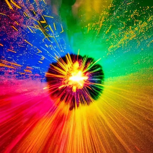 Image similar to A centered explosion of colorful powder on a black background