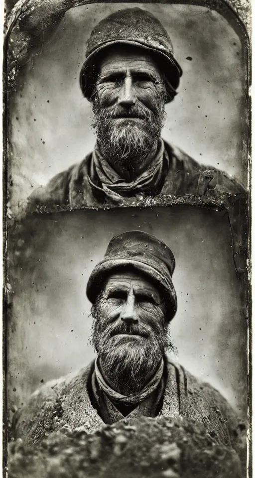 Prompt: a highly detailed wet plate photograph, a portrait of a stonemason