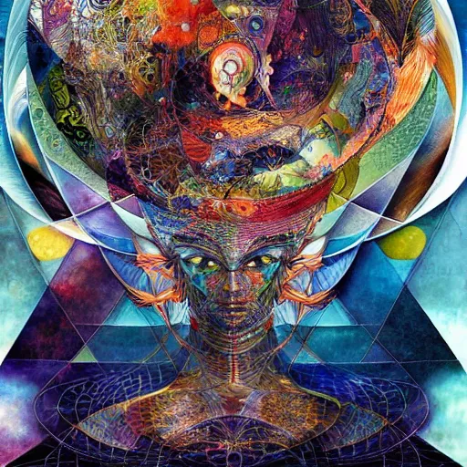 Prompt: visionary art of a transcendental voyage by android jones, collage artwork by dave mckean and yoshitaka amano