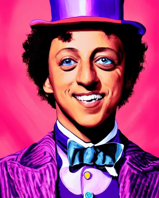 Image similar to Patrick Mahomes as Willy Wonka, digital illustration portrait design, detailed, gorgeous lighting, dynamic portrait