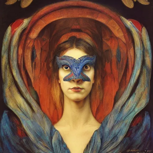 Prompt: the last guest in her bird mask, by Annie Swynnerton and Diego Rivera, symbolist, dramatic lighting, elaborate geometric ornament, god rays, soft colors,smooth, sharp focus, extremely detailed