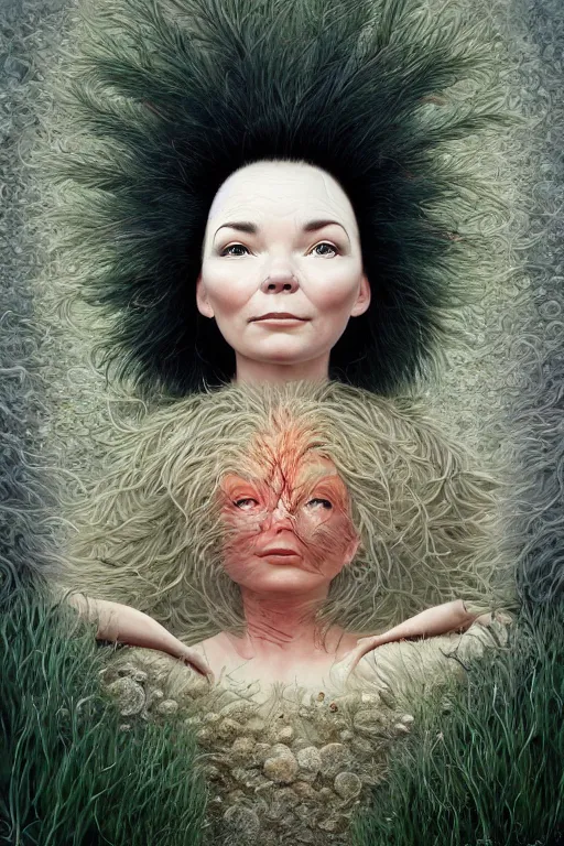 Prompt: beautiful bjork portrait by hubert robert and lee madgwick and roger dean and jacek yerka, dan mumford and alex grey style, soft lighting, 4 k hd wallpaper illustration concept joy atmospheric lighting