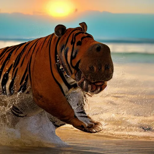 Image similar to a closeup photorealistic photograph of a cute stylish tiger hippo playing volleyball at the beach during sunset. Surf in the background. This 4K HD image is Trending on Artstation, featured on Behance, well-rendered, extra crisp, features intricate detail and the style of Unreal Engine.