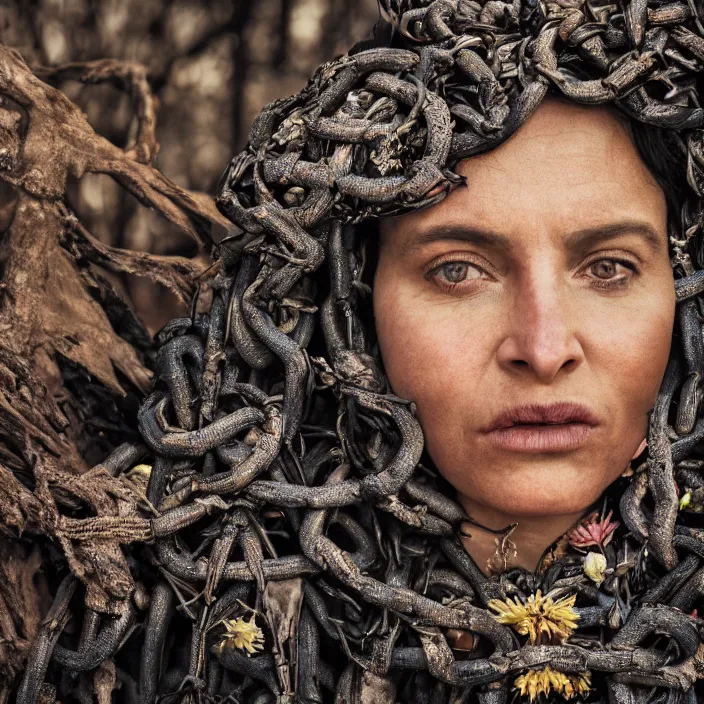 Image similar to closeup portrait of a woman wearing a cloak made of chains and flowers in a charred, burnt forest, by Annie Leibovitz and Steve McCurry, natural light, detailed face, CANON Eos C300, ƒ1.8, 35mm, 8K, medium-format print