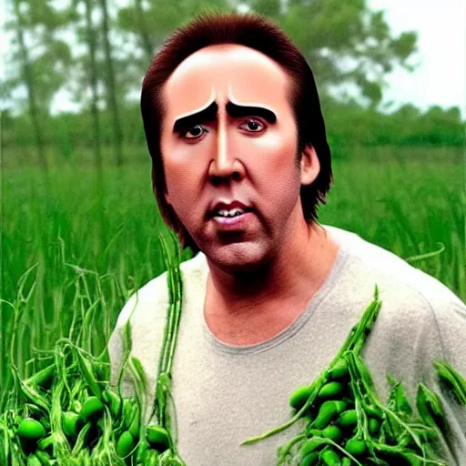 Image similar to nicolas cage wearing a wicker basket on head screaming a mouth full of peas