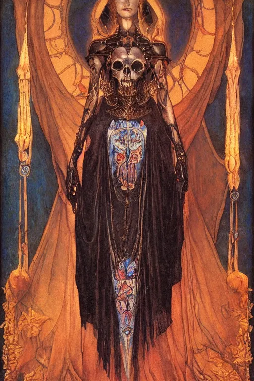 Prompt: queen of the dead with her lantern and regalia, by Annie Swynnerton and Nicholas Roerich and jean delville and Gaston Bussière, black leather and embroidered velvet, iridescent beetles, rich color, ramatic cinematic lighting, featured on Artstation, extremely detailed