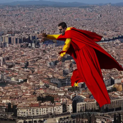 Image similar to santigo abascal flying over barcelona wearing a red and yellow cape