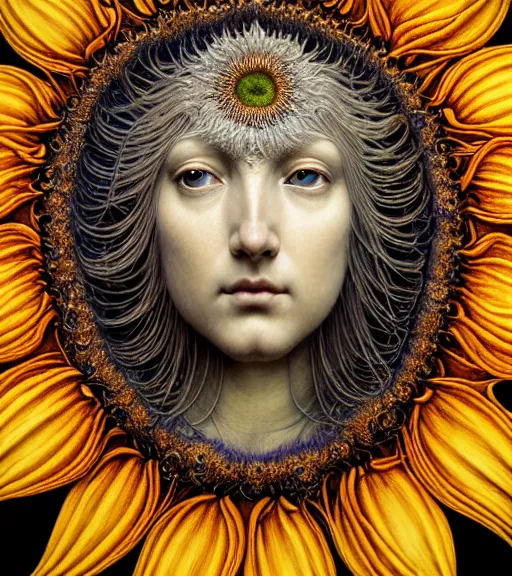 Image similar to detailed realistic beautiful sunflower goddess face portrait by jean delville, gustave dore, iris van herpen and marco mazzoni, art forms of nature by ernst haeckel, art nouveau, symbolist, visionary, gothic, neo - gothic, pre - raphaelite, fractal lace, intricate alien botanicals, ai biodiversity, surreality, hyperdetailed ultrasharp octane render