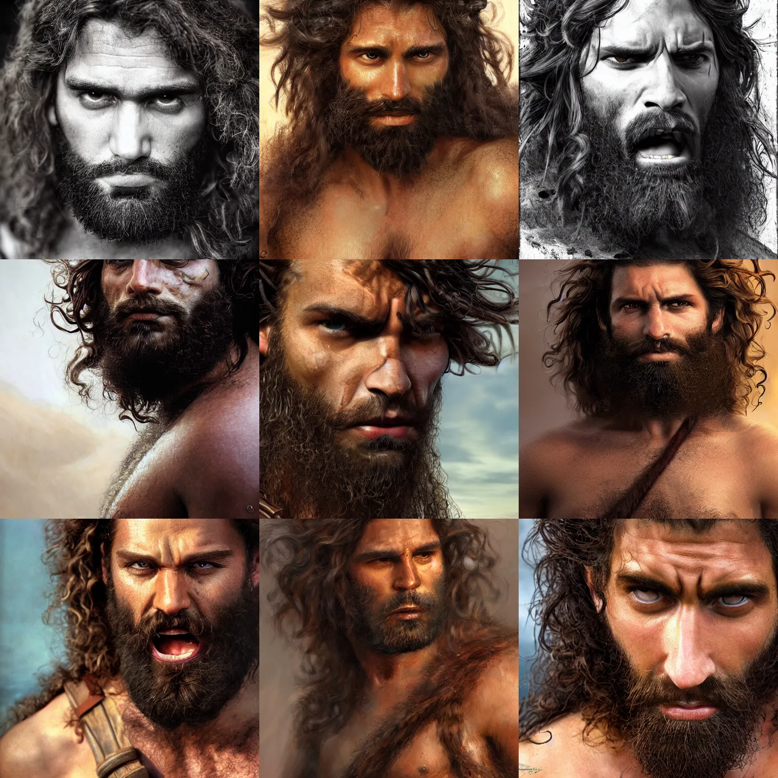 Prompt: close up portrait of a male barbarian, long curly hair, unkempt beard, brown skin, angry look, matte painting, by frank franzzeta