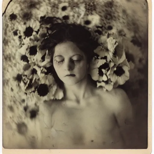 Prompt: portrait of a beautiful woman corpse covered in flowers, 1910 polaroid photography,