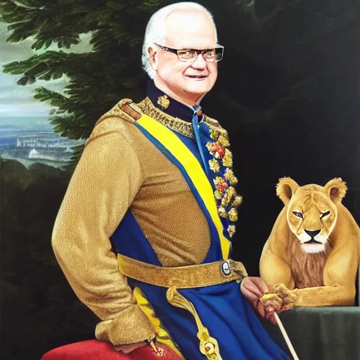 Prompt: Swedish king Carl XVI Gustaf with his pet lion, smoking a cigar, professional oil painting, highly detailed, renaissance