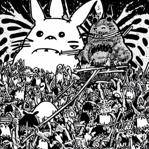 Prompt: totoro in a black metal band in a concert, dressed like band metal marduk, mayhem, burzum, immortal, a crowd cheering, a drummer, electric guitar, sparkles all around, fantasy digital art, wow, stunning, ghibli style, hight quality