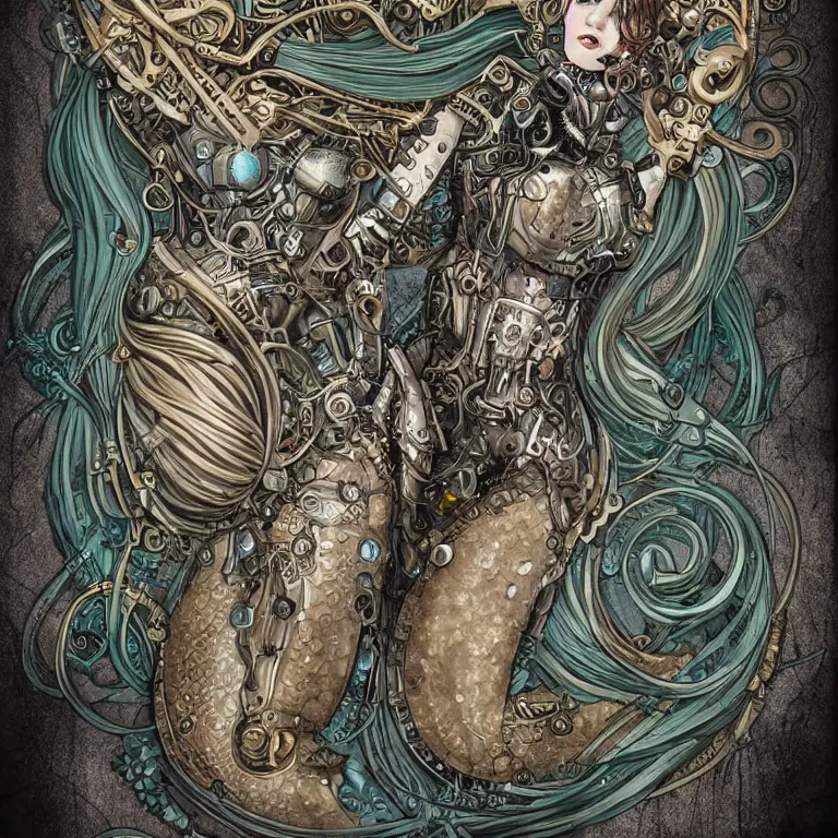 Image similar to ultra realistic illustration of mermaid cyborg steampunk art nouveau filgree scrollwork