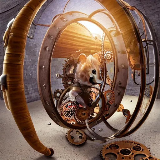 Image similar to a steampunk hamster engineer running inside a hamster wheel that looks like a cog connected to other cogs, highly detailed, photorealistic, artgerm, wlop, moebius, sharp focus, hd, 8 k, intricate