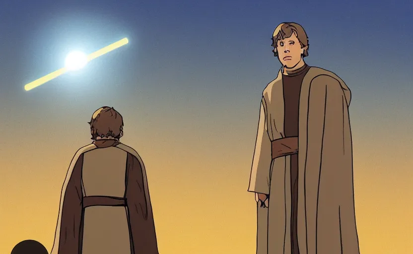 Image similar to luke skywalker looking at tatooine two suns sunset by ghibli