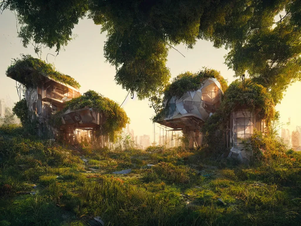 Prompt: beautiful organic house made from junk scrap parts, in an overgrown area, architectural render, futuresynth, chillwave, vegetal architecture, blender, sunrise, (((mist))), trending on artstation, by gal barkin