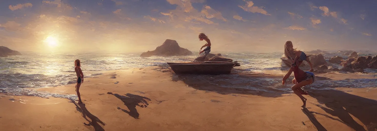 Prompt: beautiful sunny day on a california beach, boats on the horizon, soft warm lighting, highly detailed, digital painting, trending on artstation, sharp focus, illustration, art by artgerm and greg rutkowski and magali villeneuve