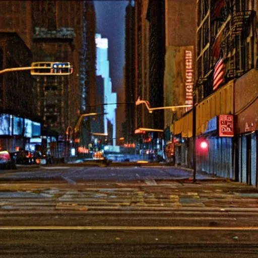 Image similar to color photograph, highly detailed abandoned New York city street at night after the war between humans and AIs, film grain, soft vignette, sigma 85mm f/1.4 1/10 sec shutter, film still promotional image, IMAX 70mm footage