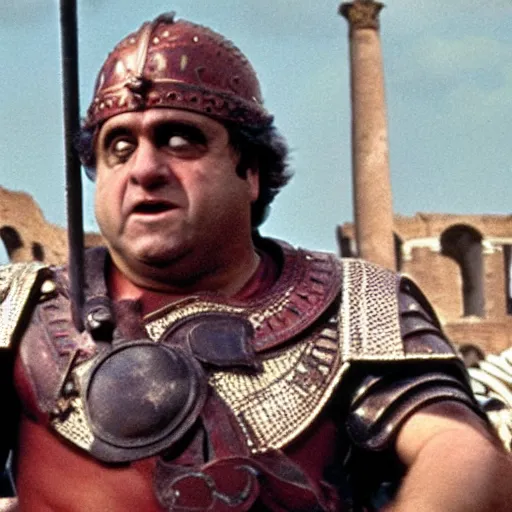 Image similar to danny devito as a roman praetorian in the streets of ancient rome, color film still