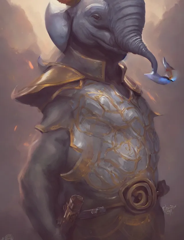 Image similar to portrait painting of a loxodon character wearing bard costume, dnd 5 e, trending on artstation, masterpiece, by ross tran and by greg rutkowski