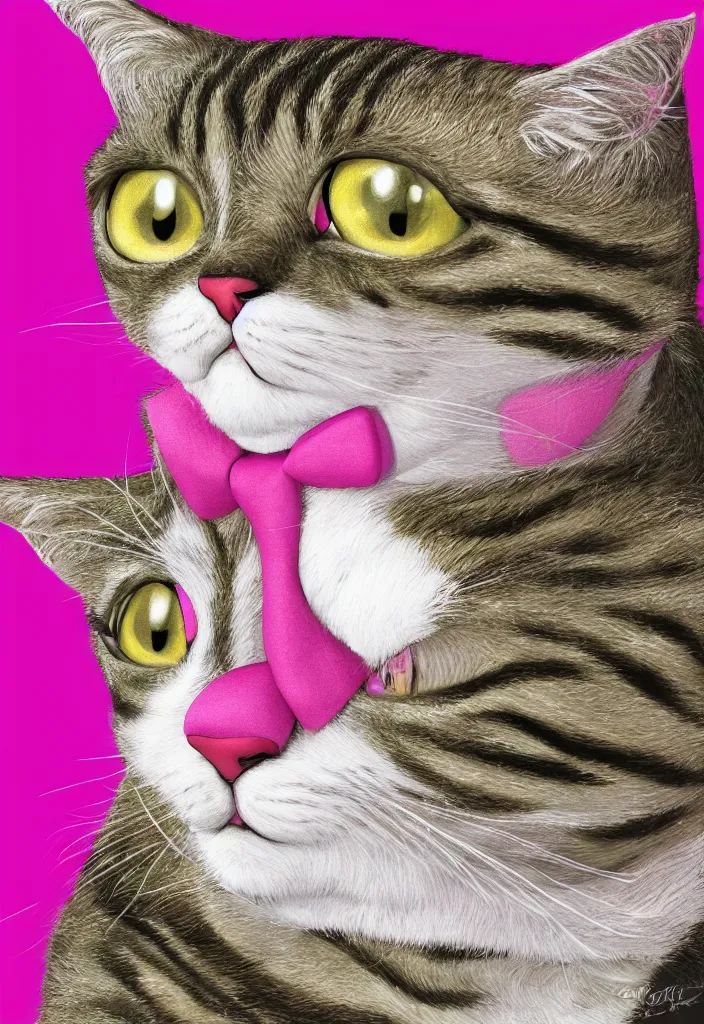 Prompt: portrait of tabby cat ,wearing a pink tuxedo,in the Pixar style, 4k, digital art, award winning