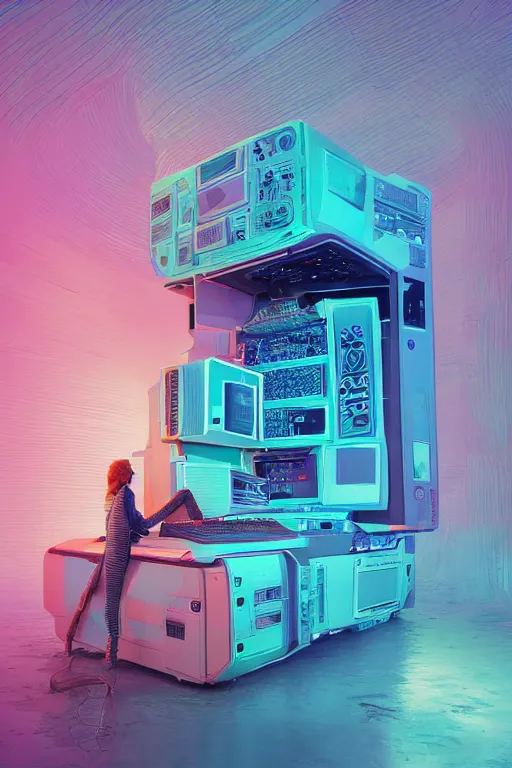 Image similar to Digital art, very highly detailed Haker that haking, siting inside the giant very highly detailed computer, by Beeple very highly Detailed by Guy Bourdin and Reka Nyari,on Pentax 67, Kodak Portra 400, soft Cyan Gold light, The Golden Ratio from the distance