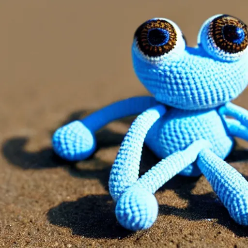 Prompt: cute fluffy light blue color spider with short arms and big eyes crochet doll standing on sand, hyperrealistic photograph, highly detailed, tactile, 8k, close up, macro