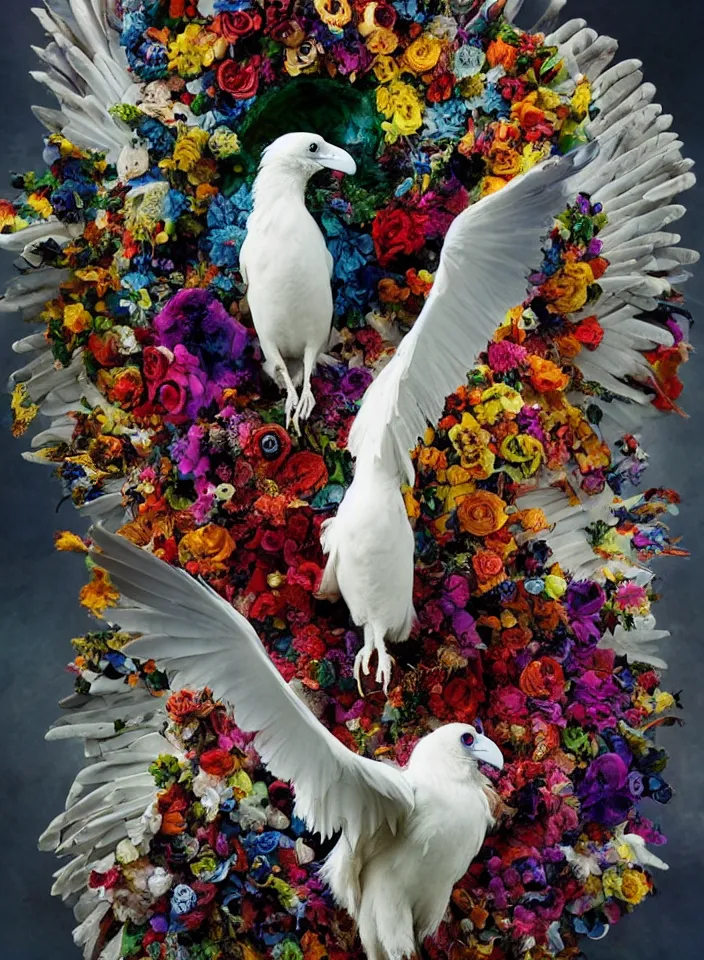 Image similar to photographic masterpiece of an albino raven standing on a colourful ornate skull, annie leibovitz