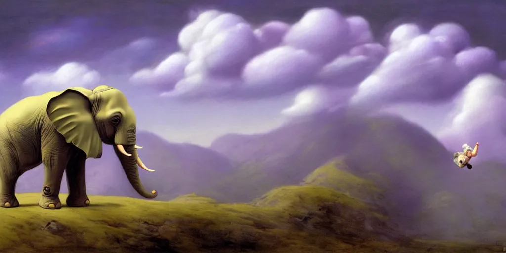 Image similar to A baby purple elephant flying in the clouds, mountains in the background, illustration, detailed, smooth, soft, warm, by Adolf Lachman, Shaun Tan, Surrealism