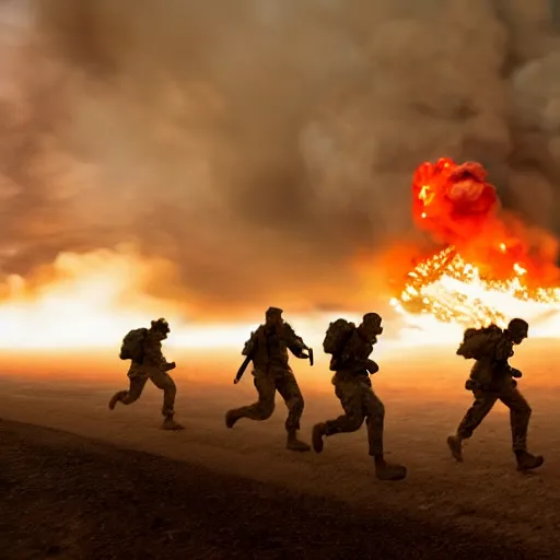 Image similar to soldiers running at the camera during normandy beach landing with fiery explosions and debris in the style of the movie lone survivor, gritty, 4 k, cinematic lighting,