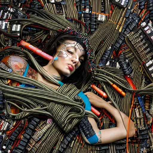 Prompt: piles of modular synth cables mixed with mangrove roots mixed with old video game consoles, puerto rican grafitti goddess chilling out wearing a headpiece made of circuit boards, by cameron gray, wlop, stanley kubrick, masamune, unique perspective, epic, trending on artstation, photorealistic, 3 d render, vivid