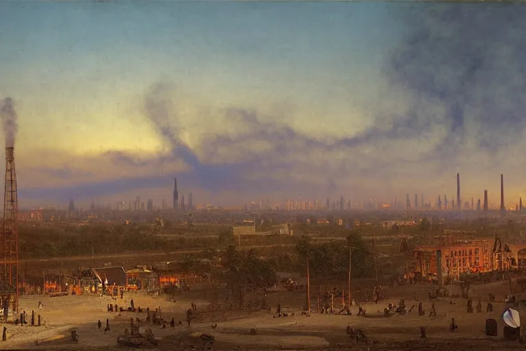 Prompt: large industrial section of a city, lots of smoke, smokestacks, large brick buildings, 1 8 0 0 s, rule of thirds, matte painting, highly detailed, cinematic lighting, by albert bierstadt, frederic edwin church