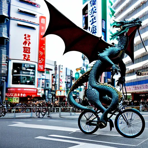 Image similar to a dragon riding a bike in the streets of tokyo