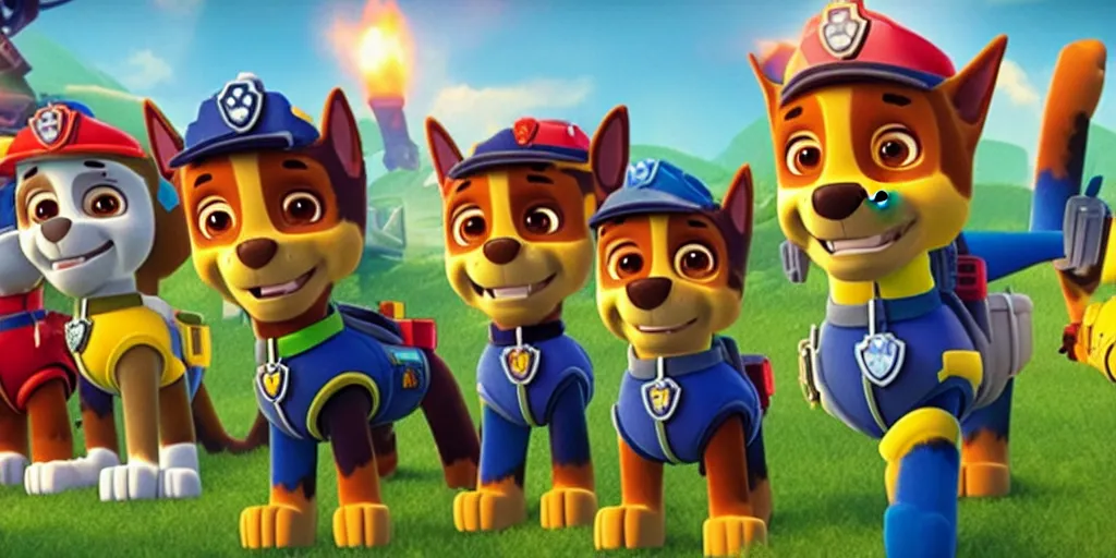 Prompt: a still from Paw Patrol: Apocalypse