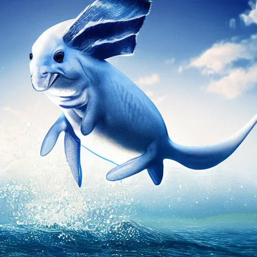 Prompt: a large white - blue aquatic animal jumping out of the water, a digital rendering by maki haku, trending on deviantart, rayonism, hyper - realistic, photorealistic, hyper realism.