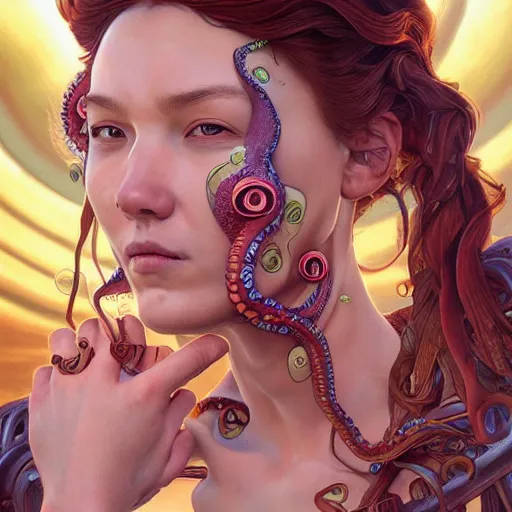 Prompt: portrait painting of octowoman, half man, half octopus, ultra realistic, concept art, intricate details, extremely detailed, photorealistic, octane render, 8 k, unreal engine. art by artgerm and dan mumford and alphonse mucha and studio ghibli