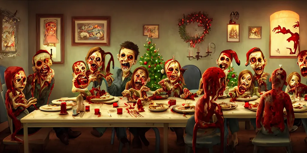 Image similar to a zombie family christmas diner, wide angle, super highly detailed, professional digital painting, artstation, concept art, smooth, sharp focus, no blur, no dof, extreme illustration, unreal engine 5, photorealism, hd quality, 8 k resolution, cinema 4 d, 3 d, beautiful, cinematic, art by tim burton