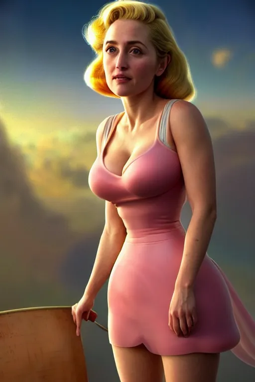 Image similar to polished sweaty princess peach : : young gillian anderson old annasophia robb : : kate upton body : : weta disney pixar movie still photo : : hi - fructose, sci fi, fantasy, decadent highly - detailed digital painting, golden ratio, octane render, artstation, smooth, sharp focus, artgerm, mucha, loish, wlop : :