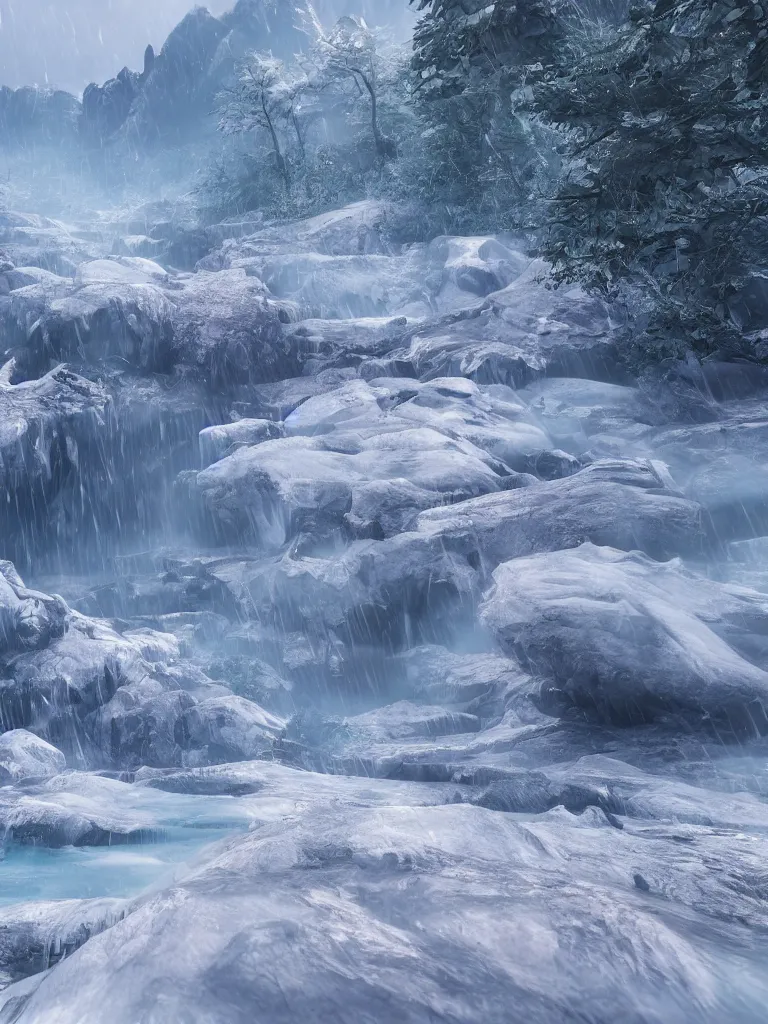 Prompt: an epic cg matte paint ing, roses are frozen in a long river with a snow - white mountain range in the background, extreme long shot, unreal engine, ultra hd, highly detailed by zeen chin