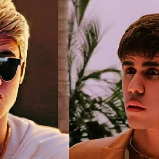 Prompt: film still of Justin Bieber as Tony Montana in Scarface remake 2029