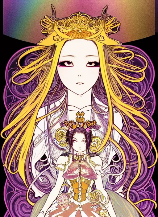 Prompt: highly detailed terada katsuya minaba hideo atrstation manga poster of princess mechine, face by aregerm, rainbow gradient reflection, long hair, armor, dress, laces, ruffles, 8 k, maximalist, legend of the cryptids, alphonse mucha