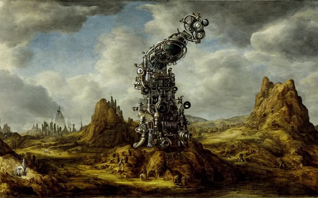 Image similar to complex alien technology in the form of a strange device, with many small parts and strange symbols by beatrix potter and jacob van ruisdael, style of cloudpunk