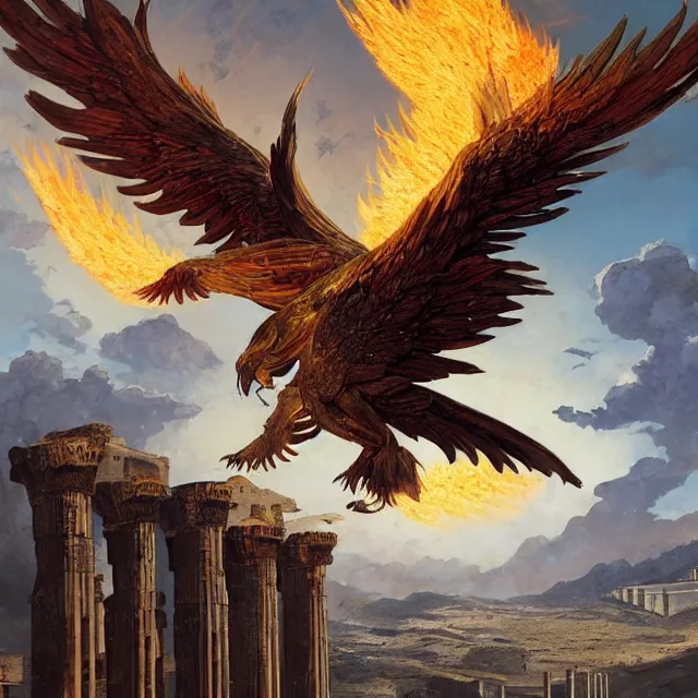 Image similar to a phoenix flying above the architectural ruins of persepolis by greg rutkowski and frank frazetta and peter mohrbacher and william blake and dan mumford