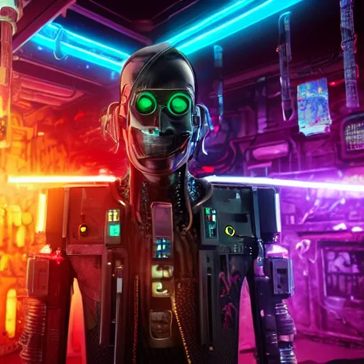 Image similar to a cyborg cyberpunk man stepping into a cyberpunk bar. His right hand is a laser pistol while his other hand has a laser katana. He is surrounded by men with laser katanas as well. The cyborg has a smirk on his face. Neon colors.