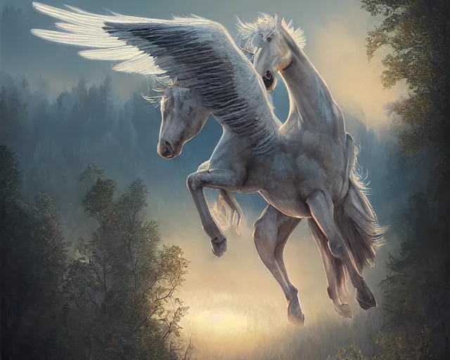 Image similar to white pegasus flying above forested mesas at sunrise, illustration, by ( kieran yanner ) ( miranda meeks ) ( anna podedworna ) ( cristi balanescu ), digital art