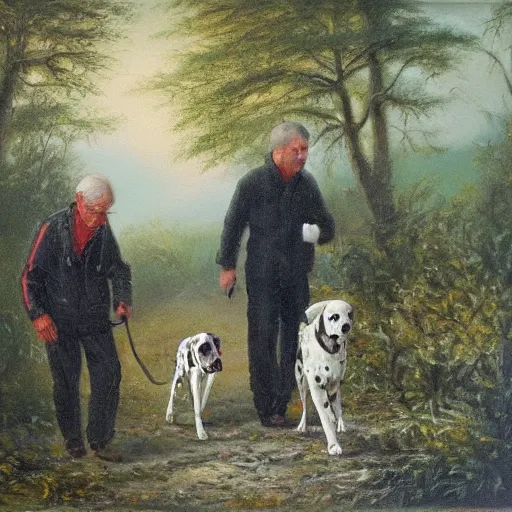 Image similar to granddad and blond curly young grandson walking in french forest with a dalmatian dog with black spots oil painting