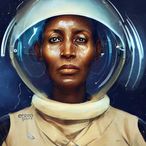 Prompt: A closeup portrait of a Sudanese woman (40), looking directly at the camera with an expression of barely contained panic, in a space helmet, strapped into a launch capsule digital art, fantasy art by Greg Rutkowski